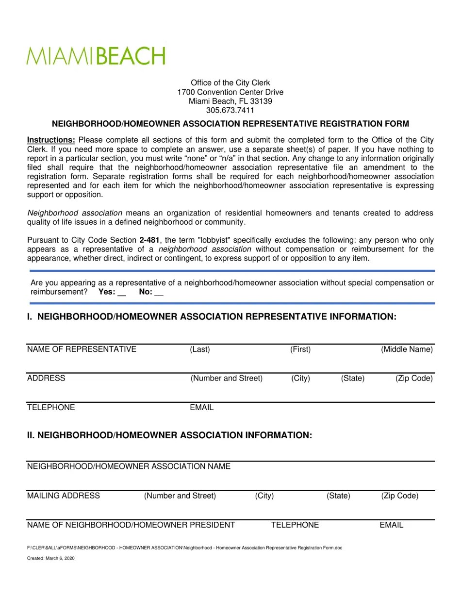 City of Miami Beach, Florida Neighborhood and Homeowner Association Representative Registration