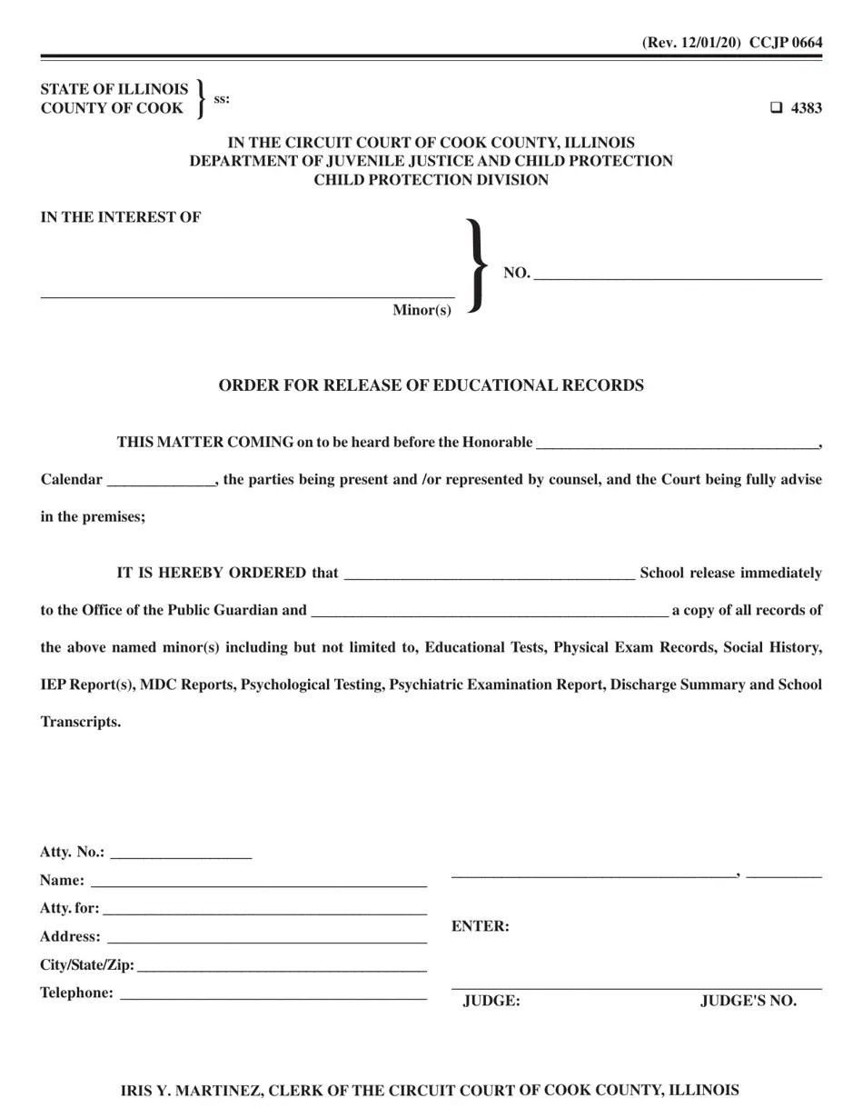 Form CCJP0664 Download Fillable PDF or Fill Online Order for Release of