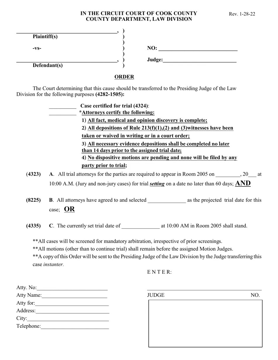Cook County, Illinois Trial Certification Order Fill Out, Sign Online