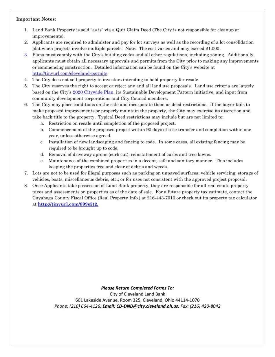 City of Cleveland, Ohio Land Bank Application for Development Fill