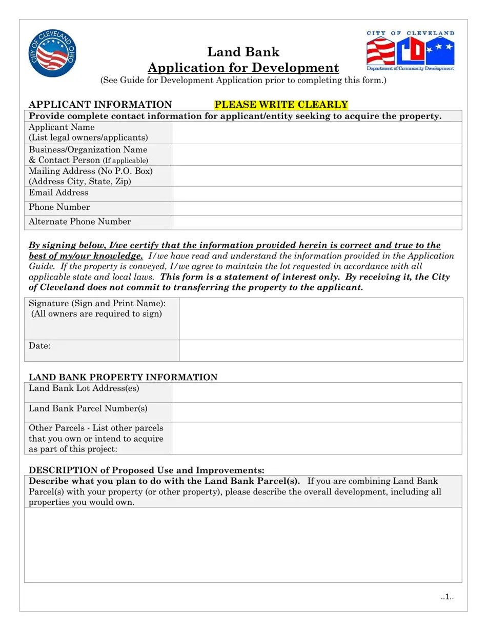 City of Cleveland, Ohio Land Bank Application for Development Fill