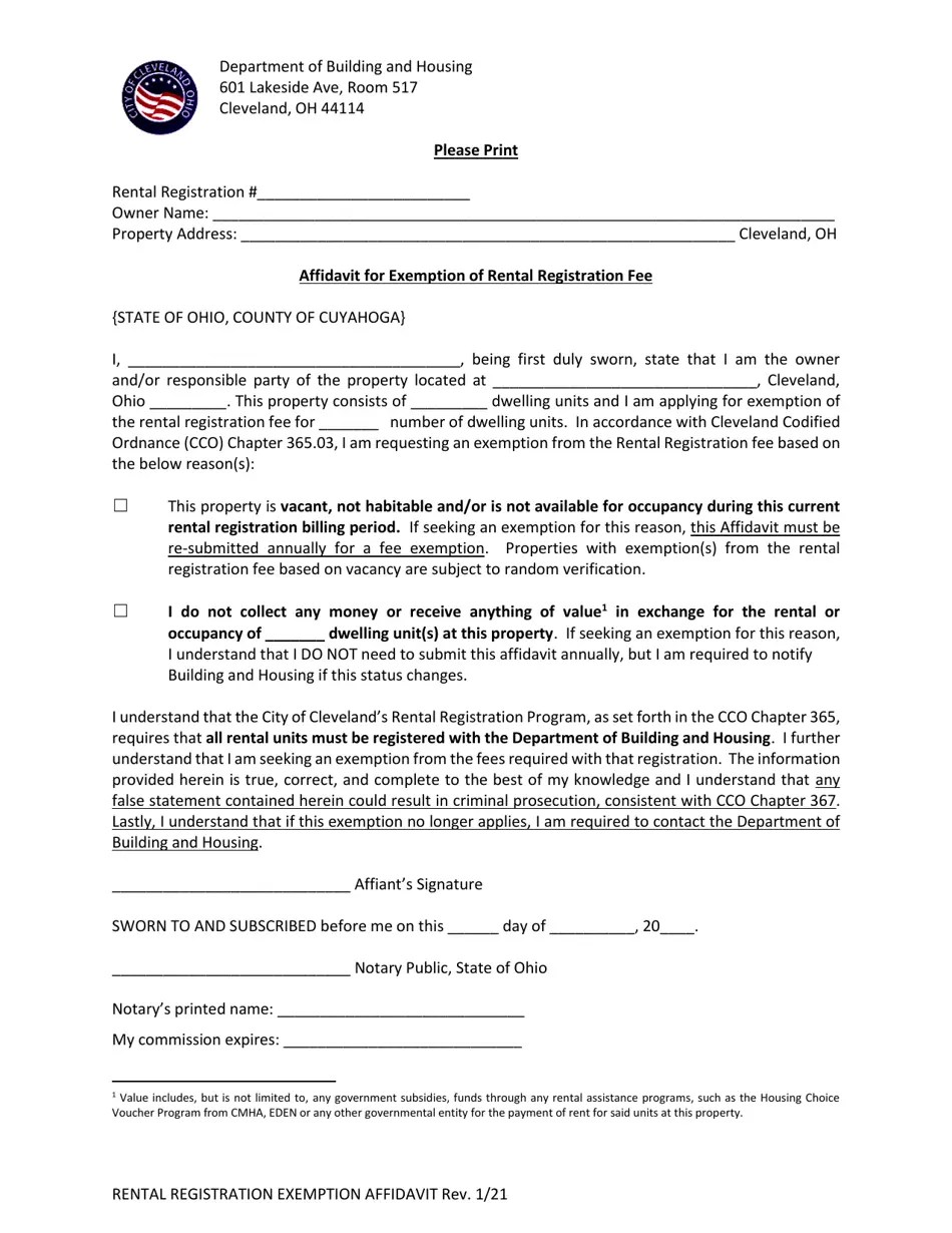 City of Cleveland, Ohio Affidavit for Exemption of Rental Registration Fee Fill Out, Sign