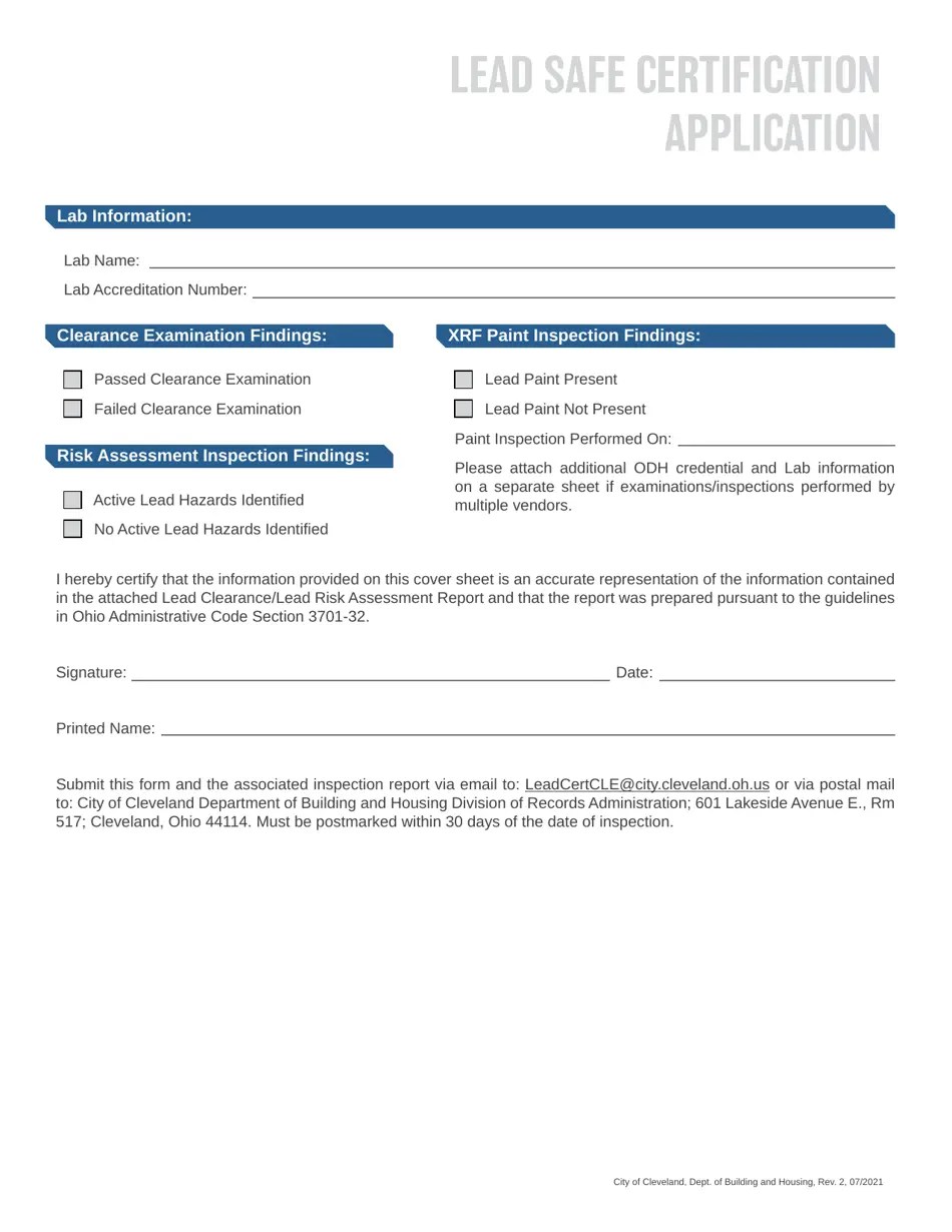 City of Cleveland, Ohio Lead Safe Certification Application Download