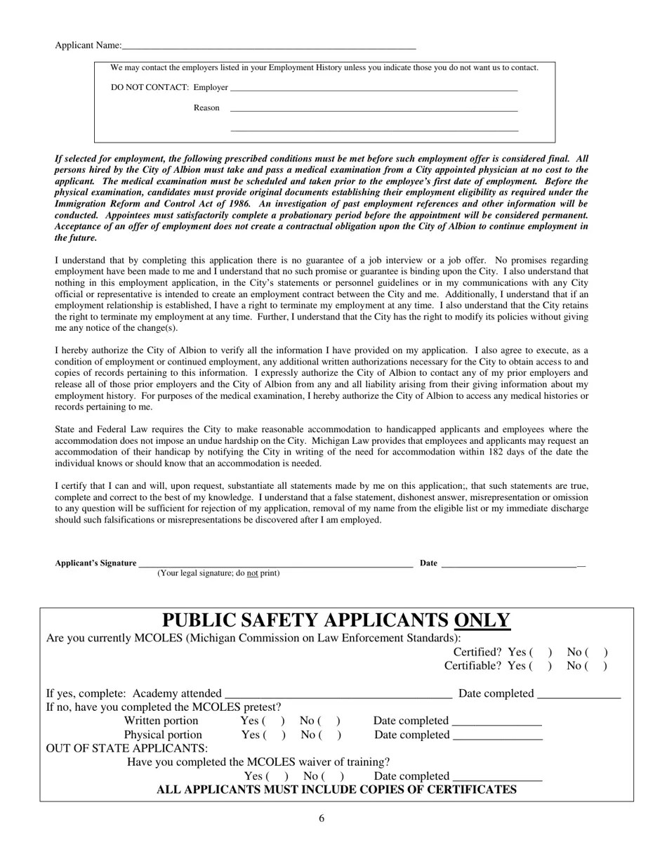 City of Albion, Michigan Application for Employment Fill Out, Sign