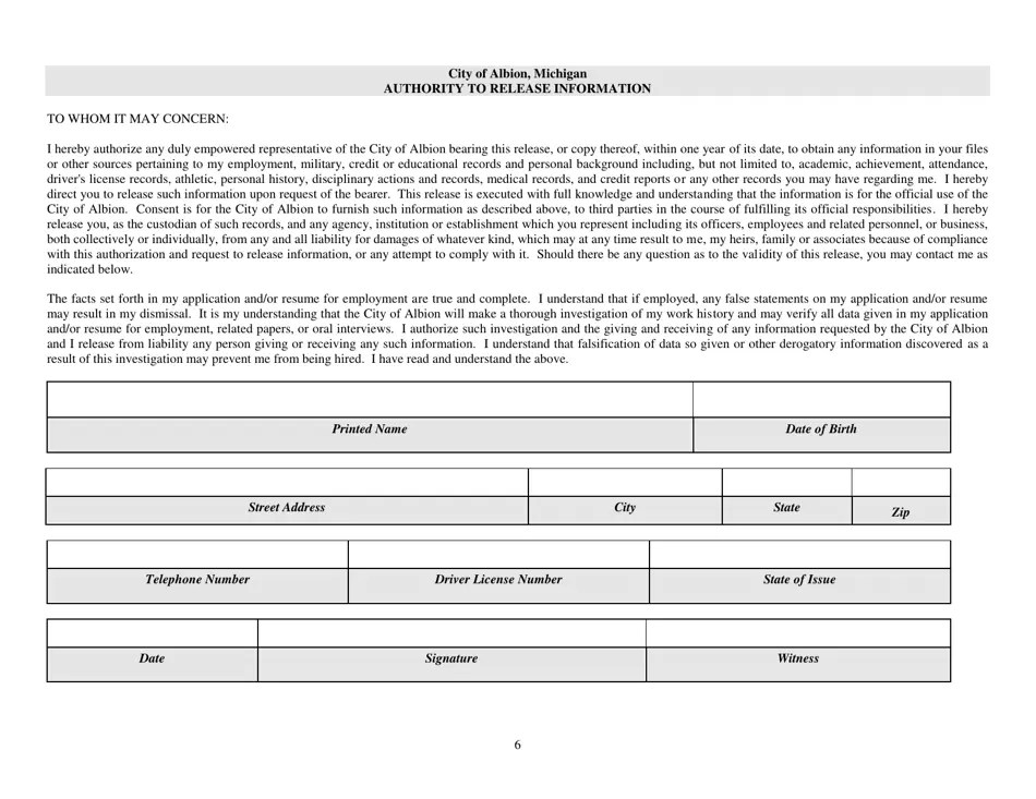 City of Albion, Michigan Application for Employment Fill Out, Sign