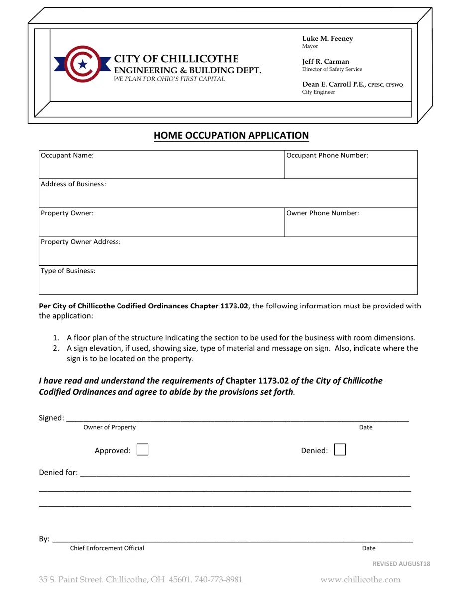 City of Chillicothe, Ohio Home Occupation Application Fill Out, Sign