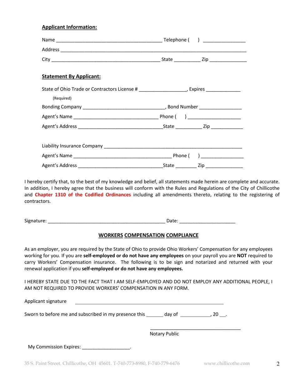 City of Chillicothe, Ohio Application for Contractor Registration