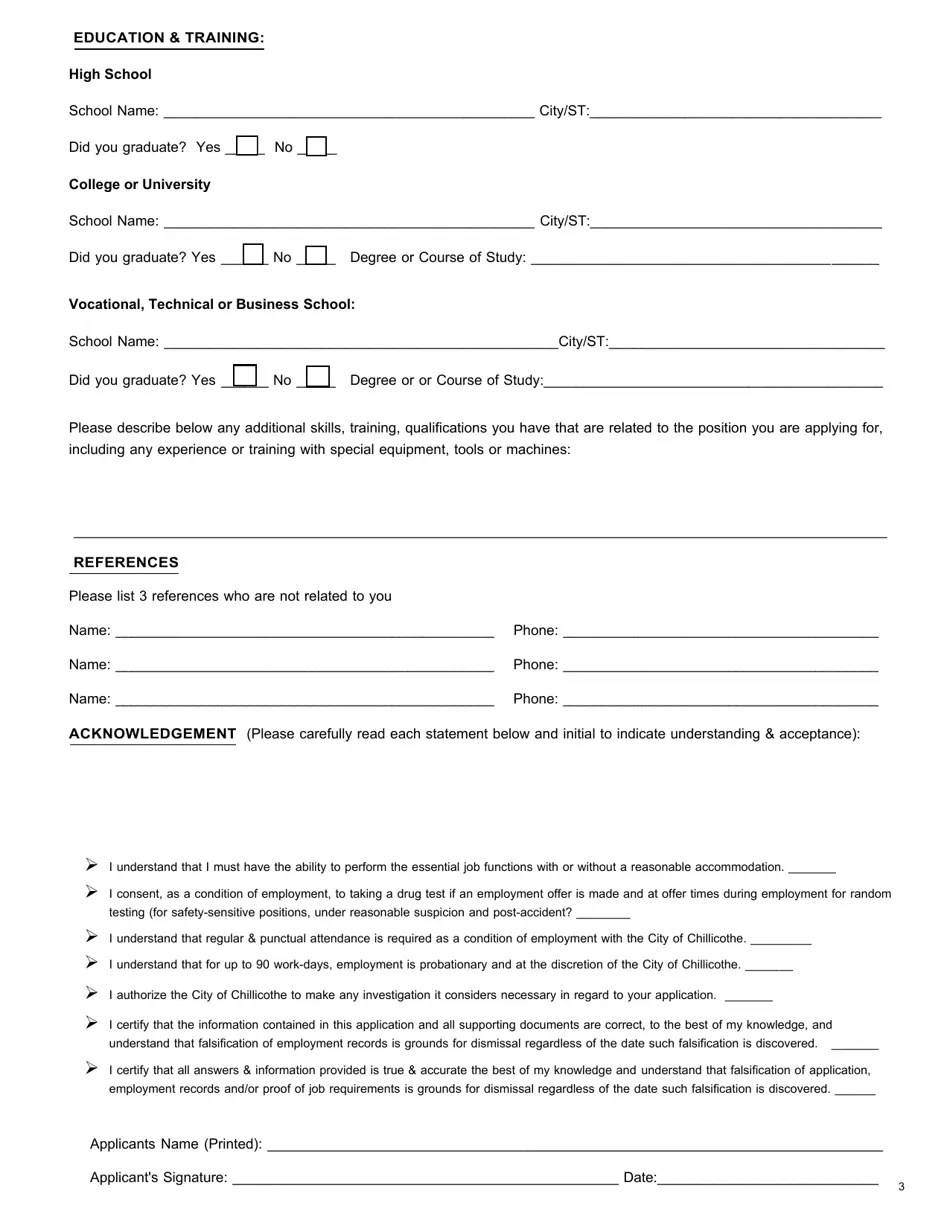 City of Chillicothe, Ohio Employment Application Fill Out, Sign