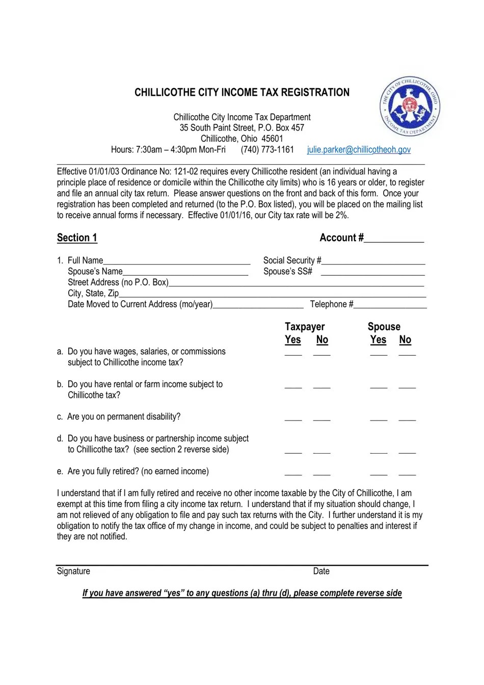 City of Chillicothe, Ohio Tax Registration Fill Out, Sign(04)
