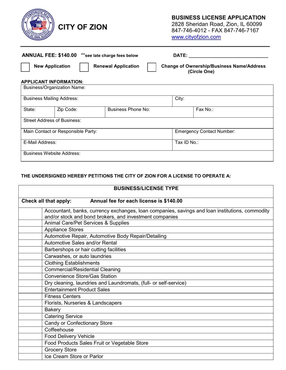 City of Zion, Illinois Business License Application Fill Out, Sign