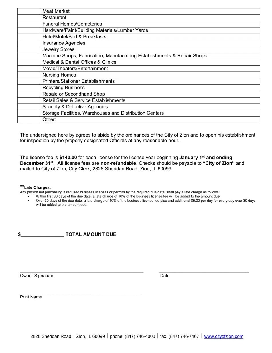 City of Zion, Illinois Business License Application Fill Out, Sign