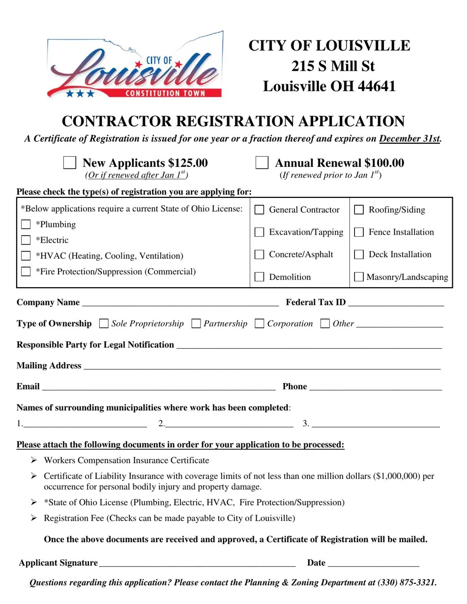 City of Louisville, Ohio Contractor Registration Application Fill Out