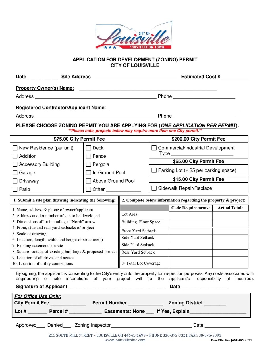 City of Louisville, Ohio Application for Development (Zoning) Permit