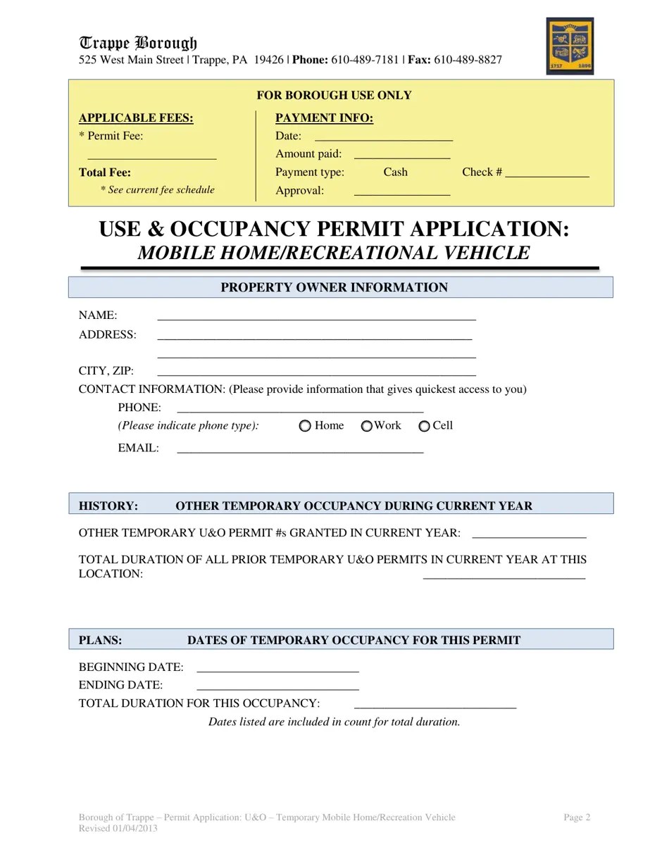 Trappe Borough, Pennsylvania Use & Occupancy Permit Application Mobile Home/Recreational