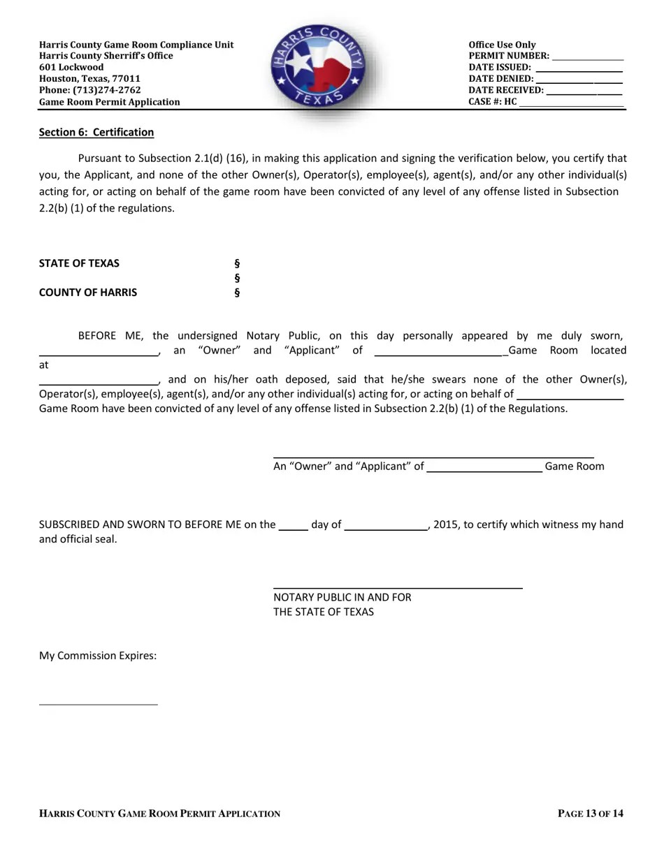 Harris County, Texas Application for a Permit to Operate a Game Room