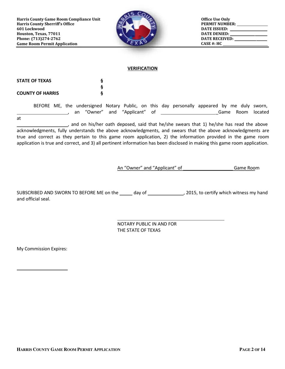 Harris County, Texas Application for a Permit to Operate a Game Room