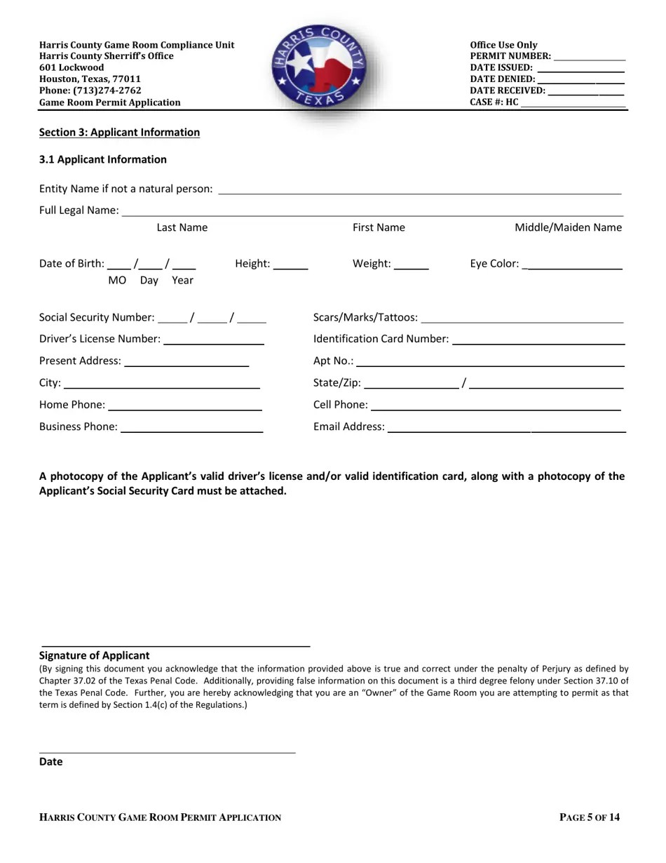 Harris County, Texas Application for a Permit to Operate a Game Room