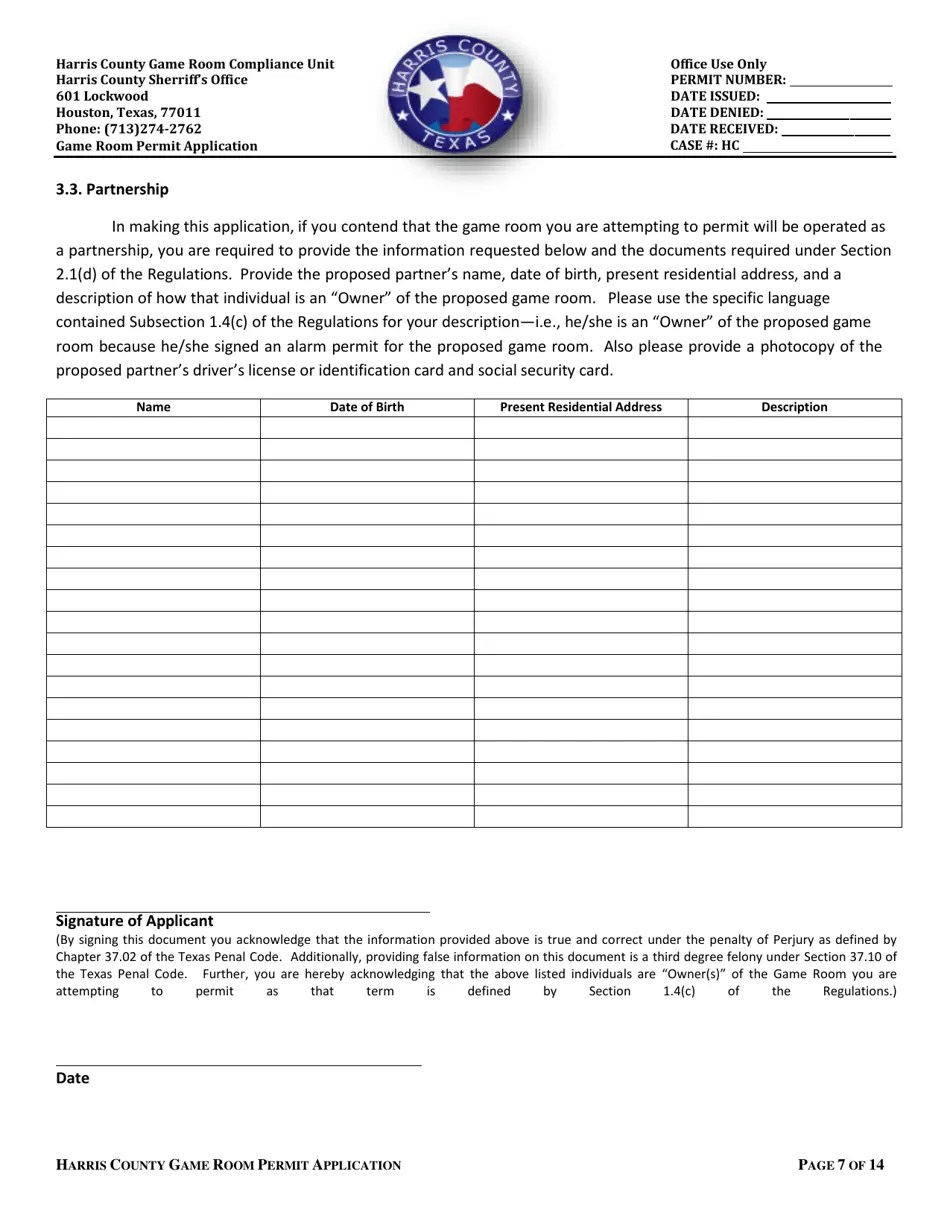 Harris County, Texas Application for a Permit to Operate a Game Room