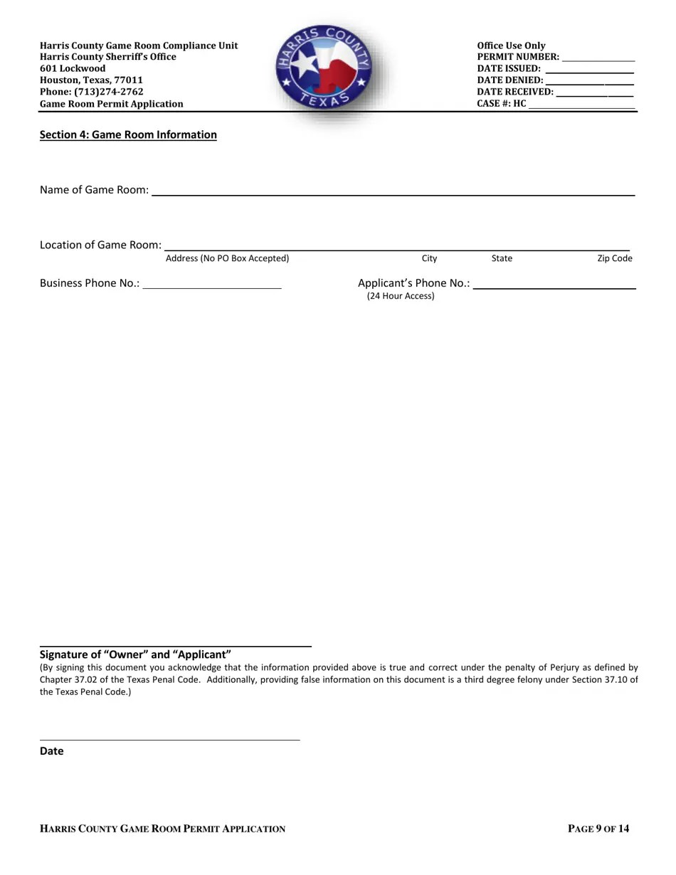 Harris County, Texas Application for a Permit to Operate a Game Room