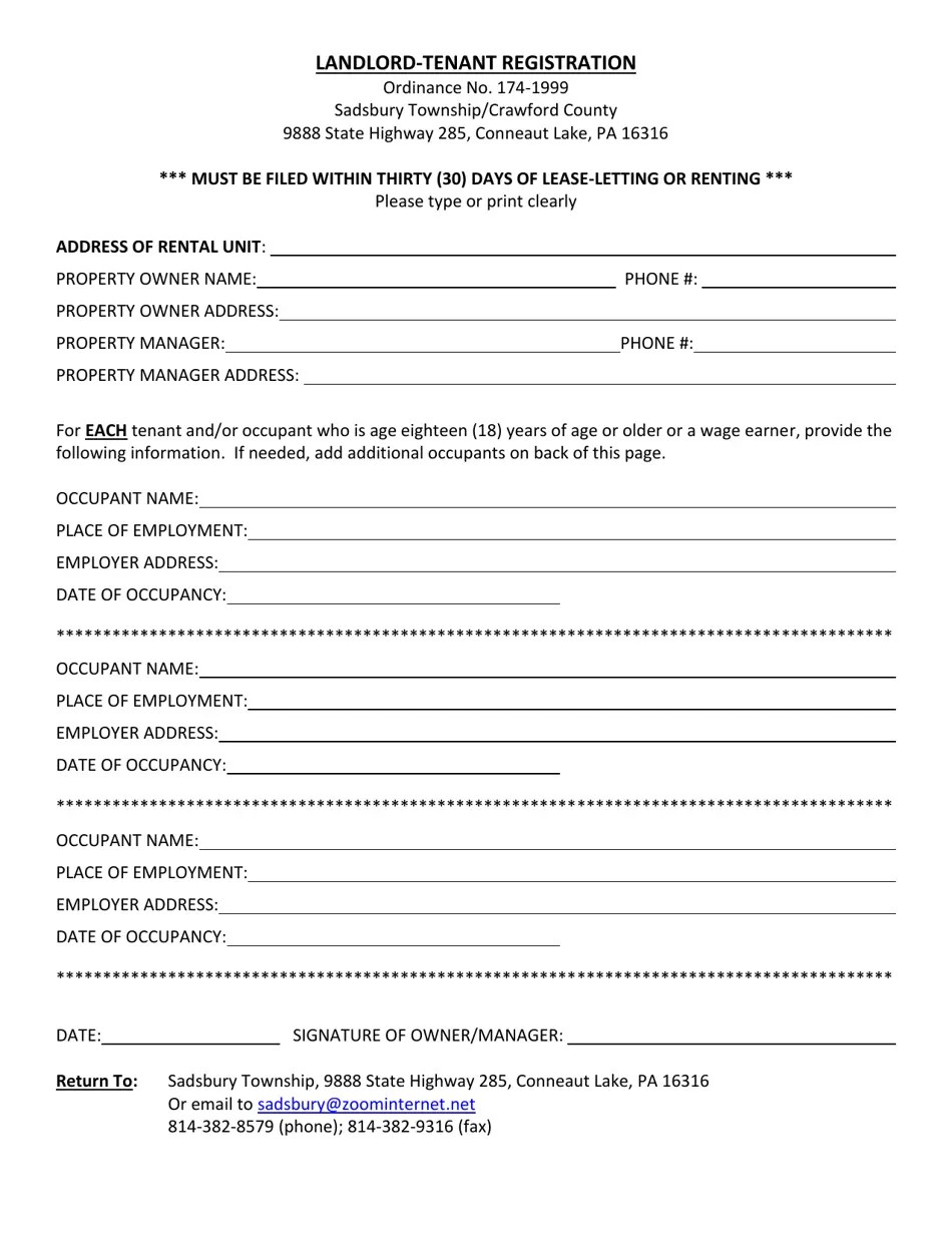 Sadsbury Township, Pennsylvania LandlordTenant Registration Fill Out