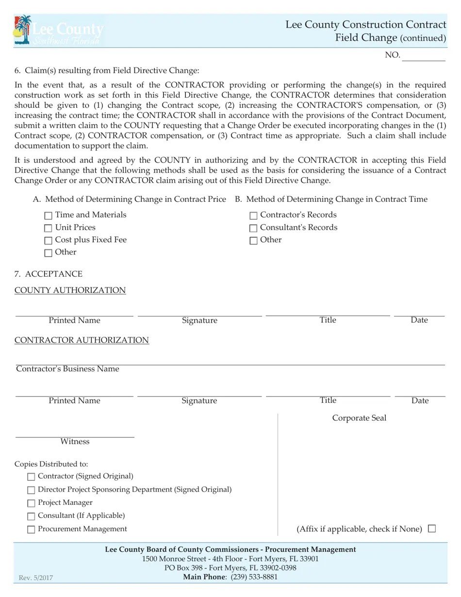 Lee County, Florida Construction Contract Field Directive Change Fill