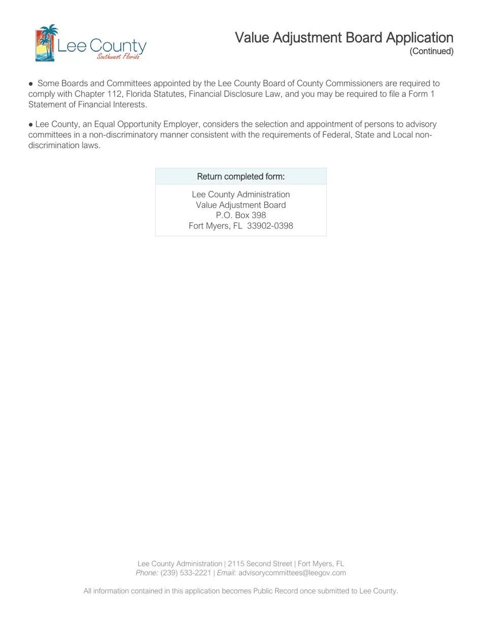 Lee County, Florida Value Adjustment Board Application Fill Out, Sign