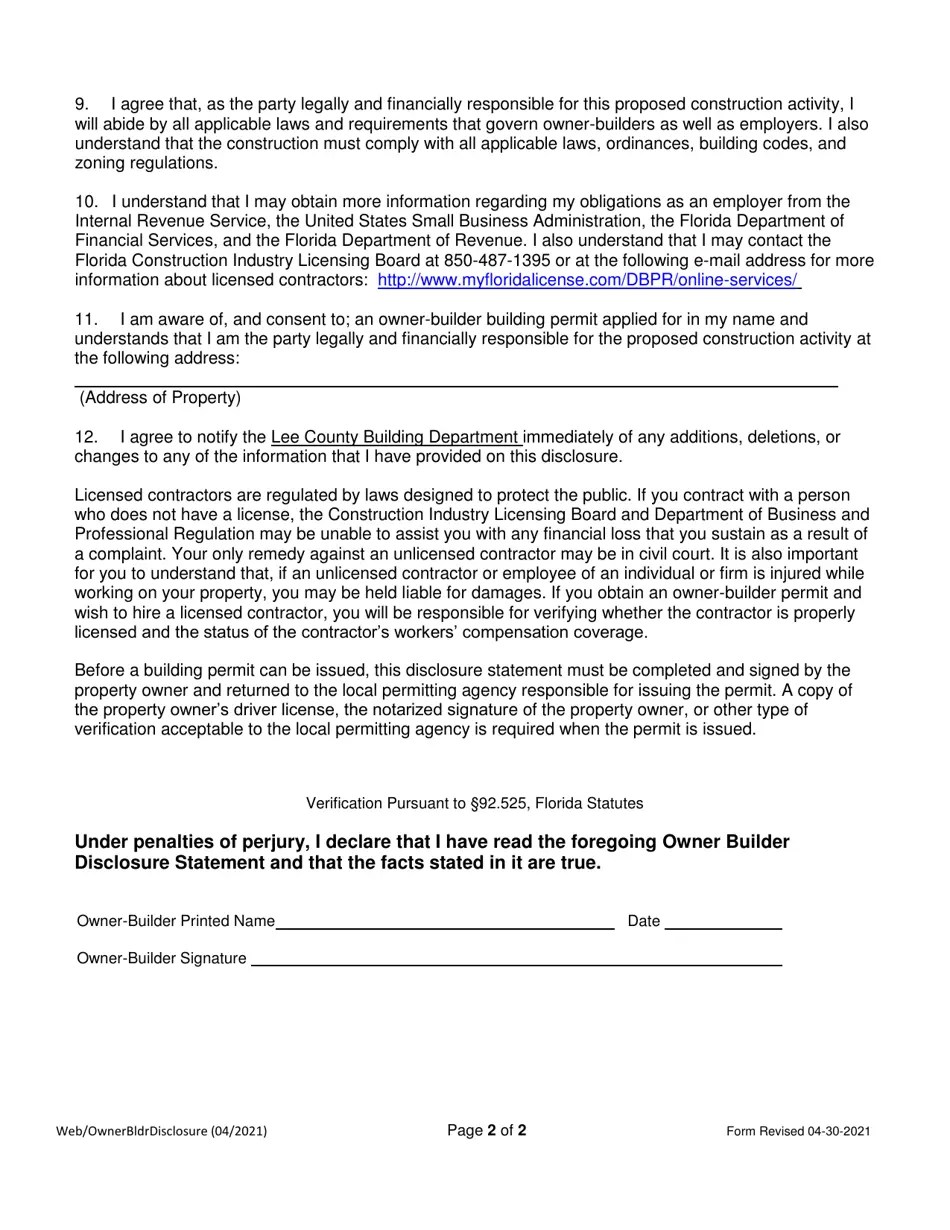 Lee County, Florida Owner Builder Disclosure Statement Fill Out, Sign
