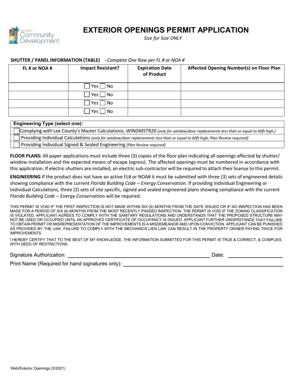 Lee County, Florida Exterior Openings Permit Application Fill Out