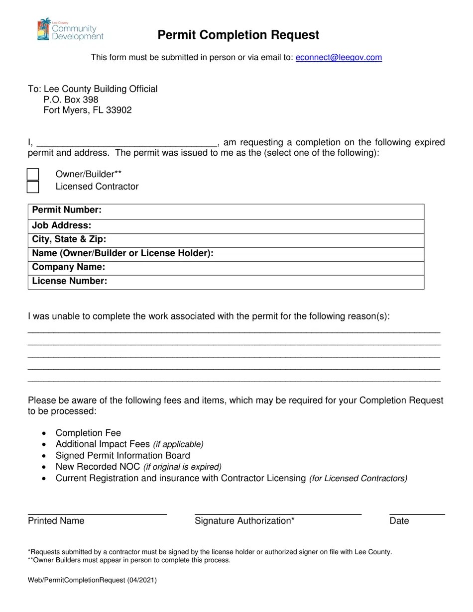 Lee County, Florida Permit Completion Request Fill Out, Sign Online