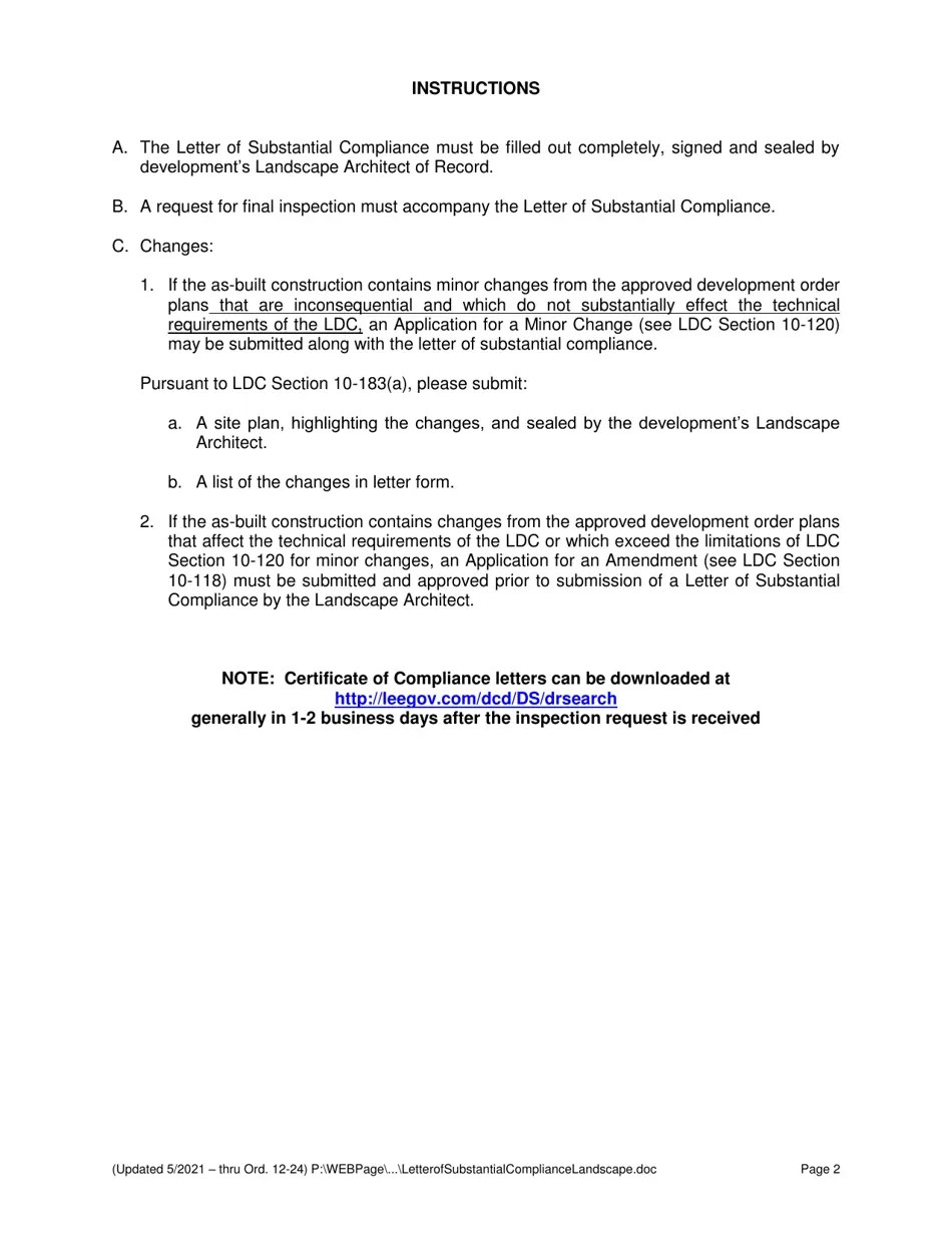 Lee County, Florida Letter of Substantial Compliance Landscape