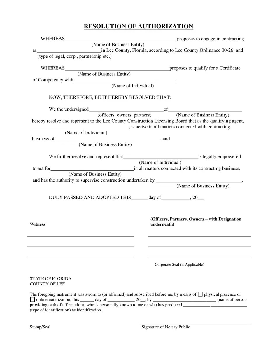 Lee County, Florida Resolution of Authorization Fill Out, Sign Online