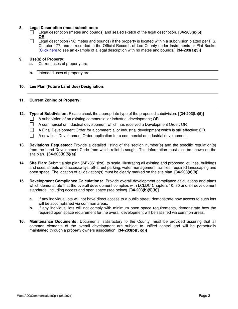 Lee County, Florida Application for Administrative Commercial Lot Split