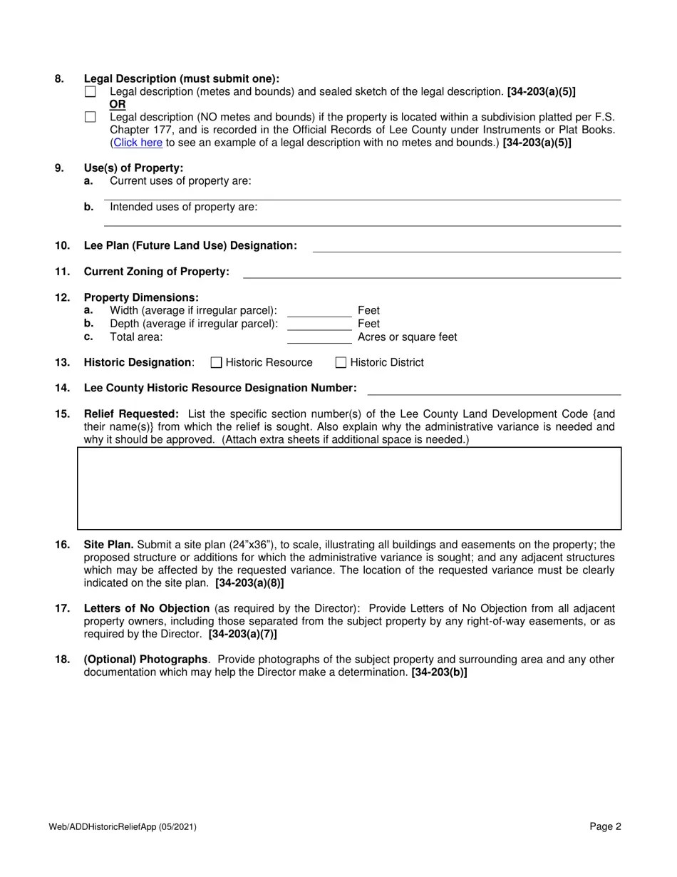 Lee County, Florida Application for Relief for Designated Historic