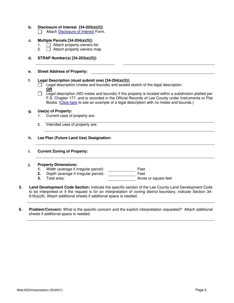 Lee County, Florida Application for Interpretation of the Land