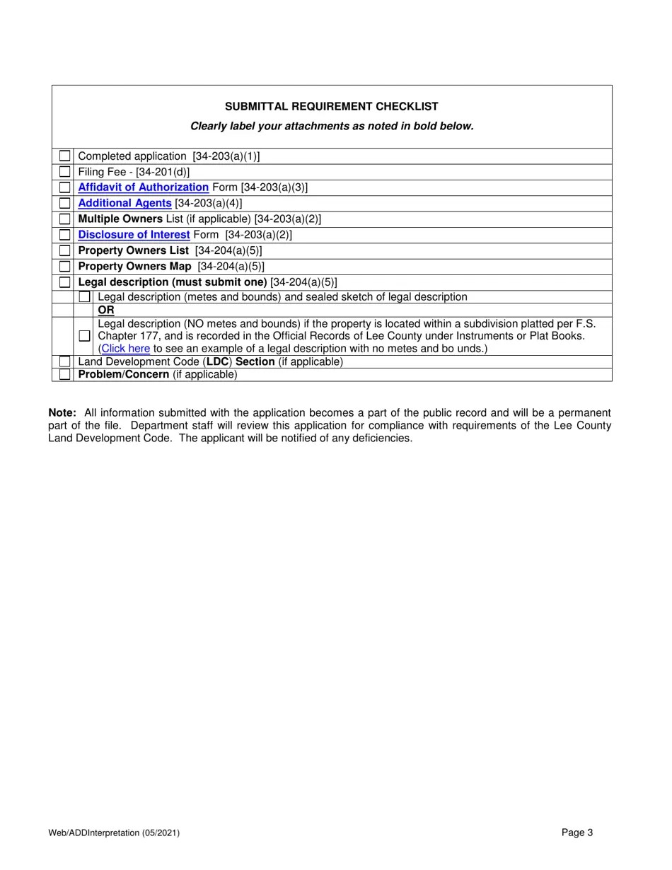 Lee County, Florida Application for Interpretation of the Land