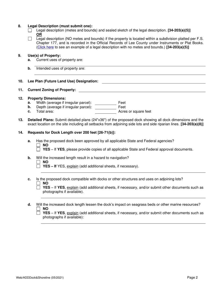 Lee County, Florida Administrative Application for Dock and Shoreline