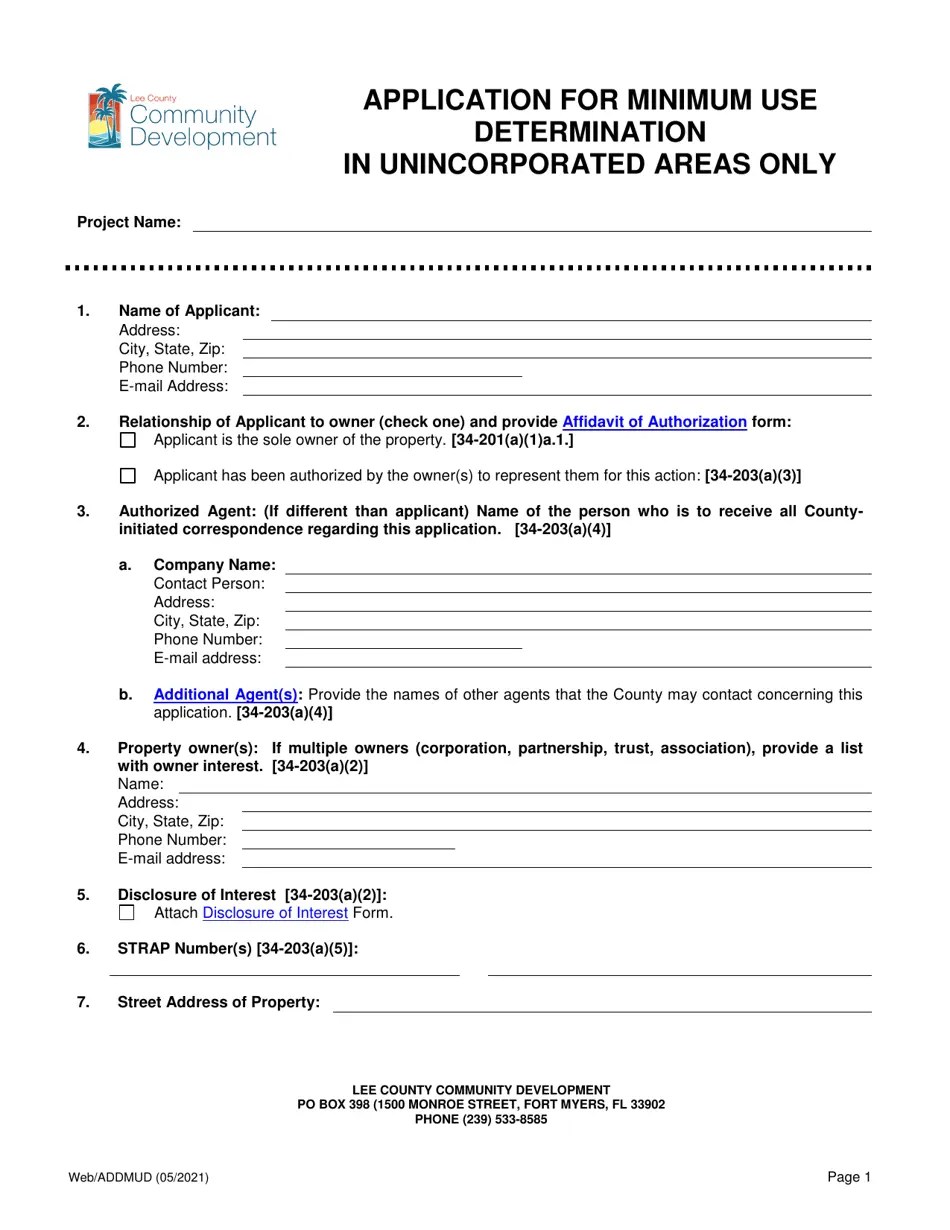 Lee County, Florida Application for Minimum Use Determination Fill