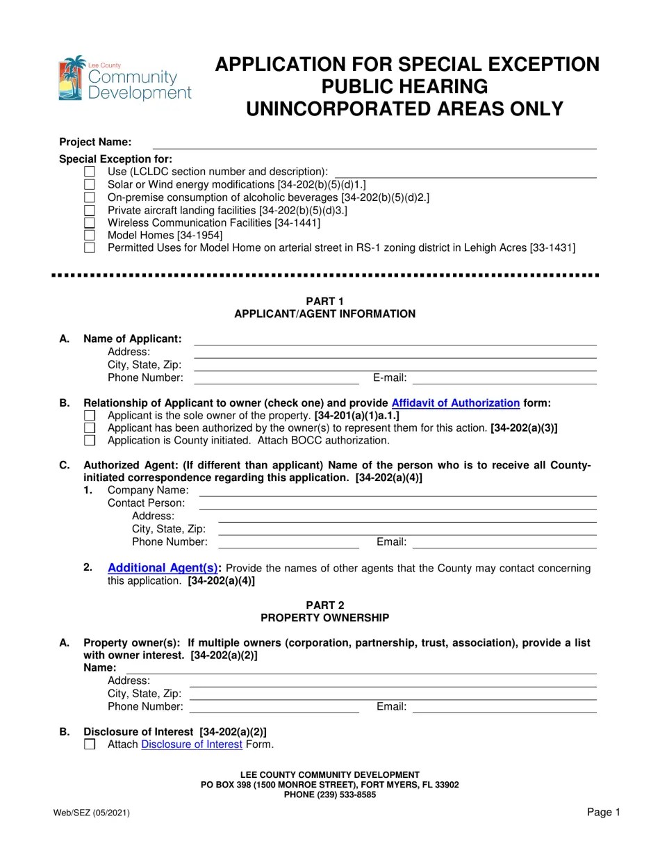 Lee County, Florida Application for Special Exception Public Hearing
