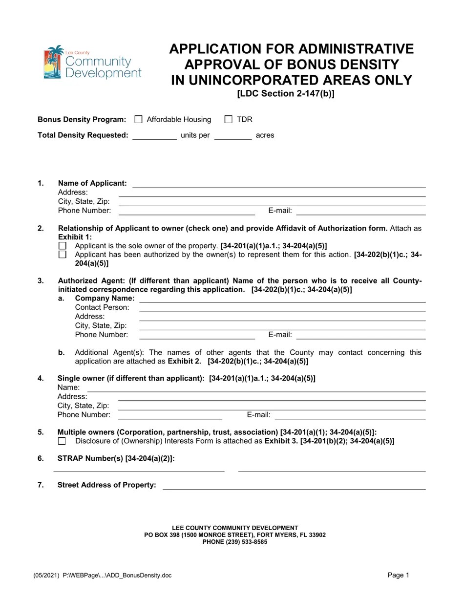 Lee County, Florida Application for Administrative Approval of Bonus