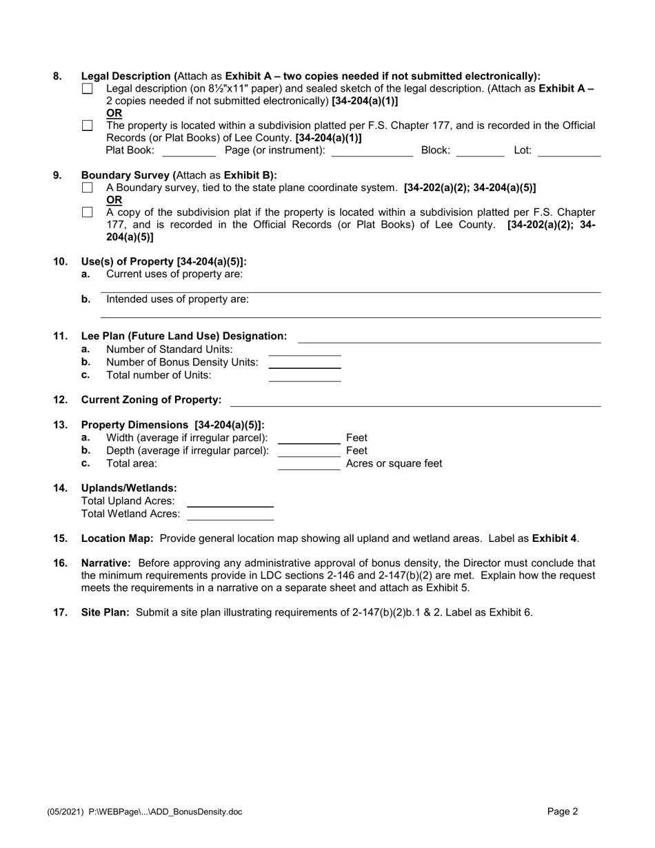 Lee County, Florida Application for Administrative Approval of Bonus