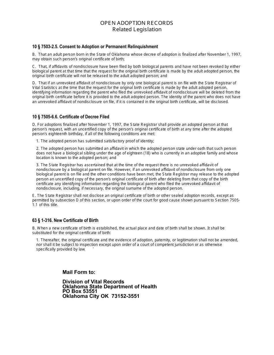 Oklahoma Open Adoption Records Fill Out, Sign Online and Download PDF