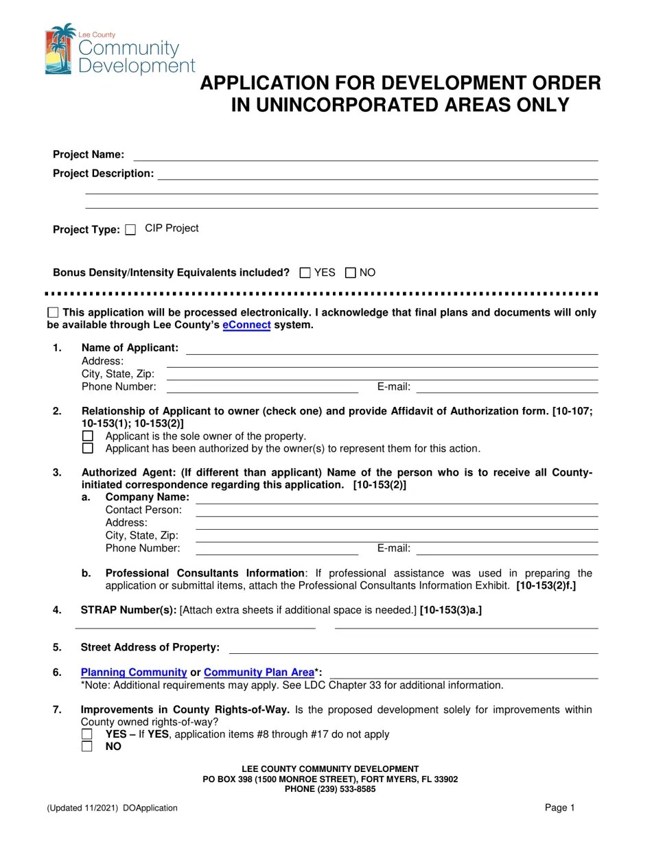 Lee County, Florida Application for Development Order Fill Out, Sign