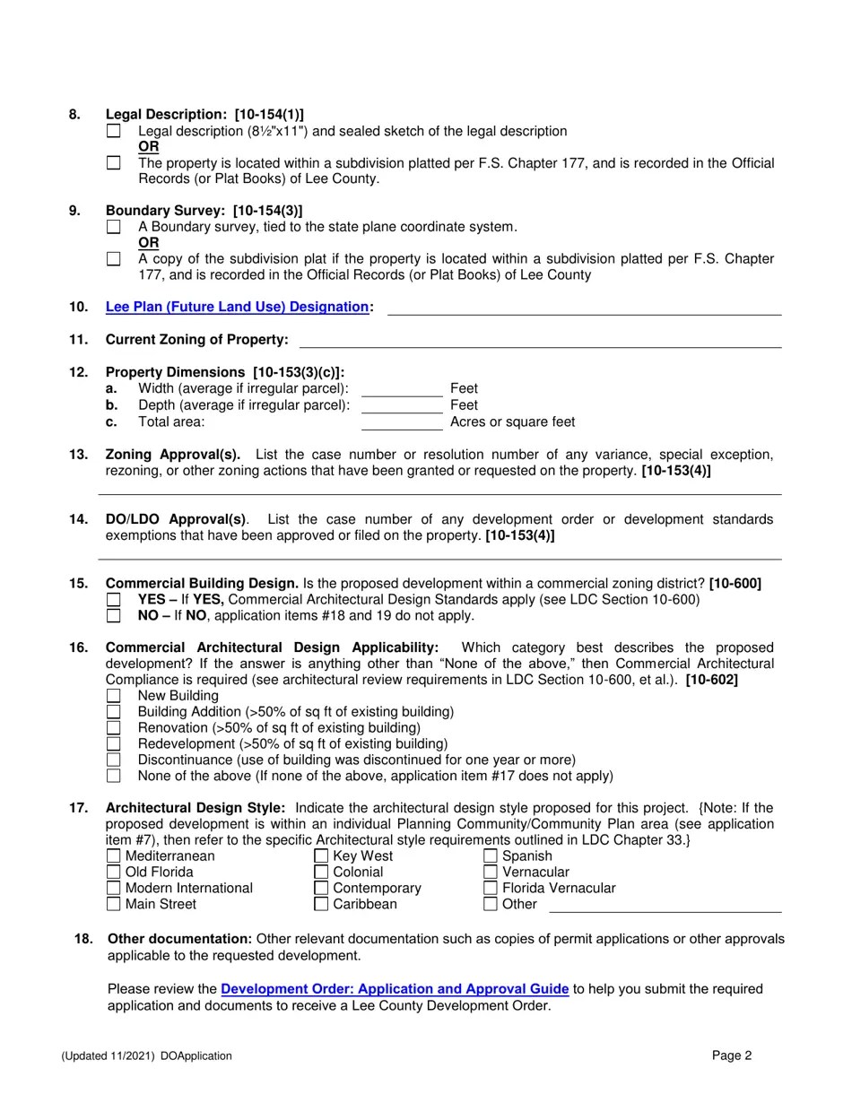 Lee County, Florida Application for Development Order Fill Out, Sign