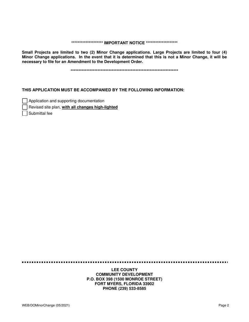 Lee County, Florida Application for Minor Change to a Development Order