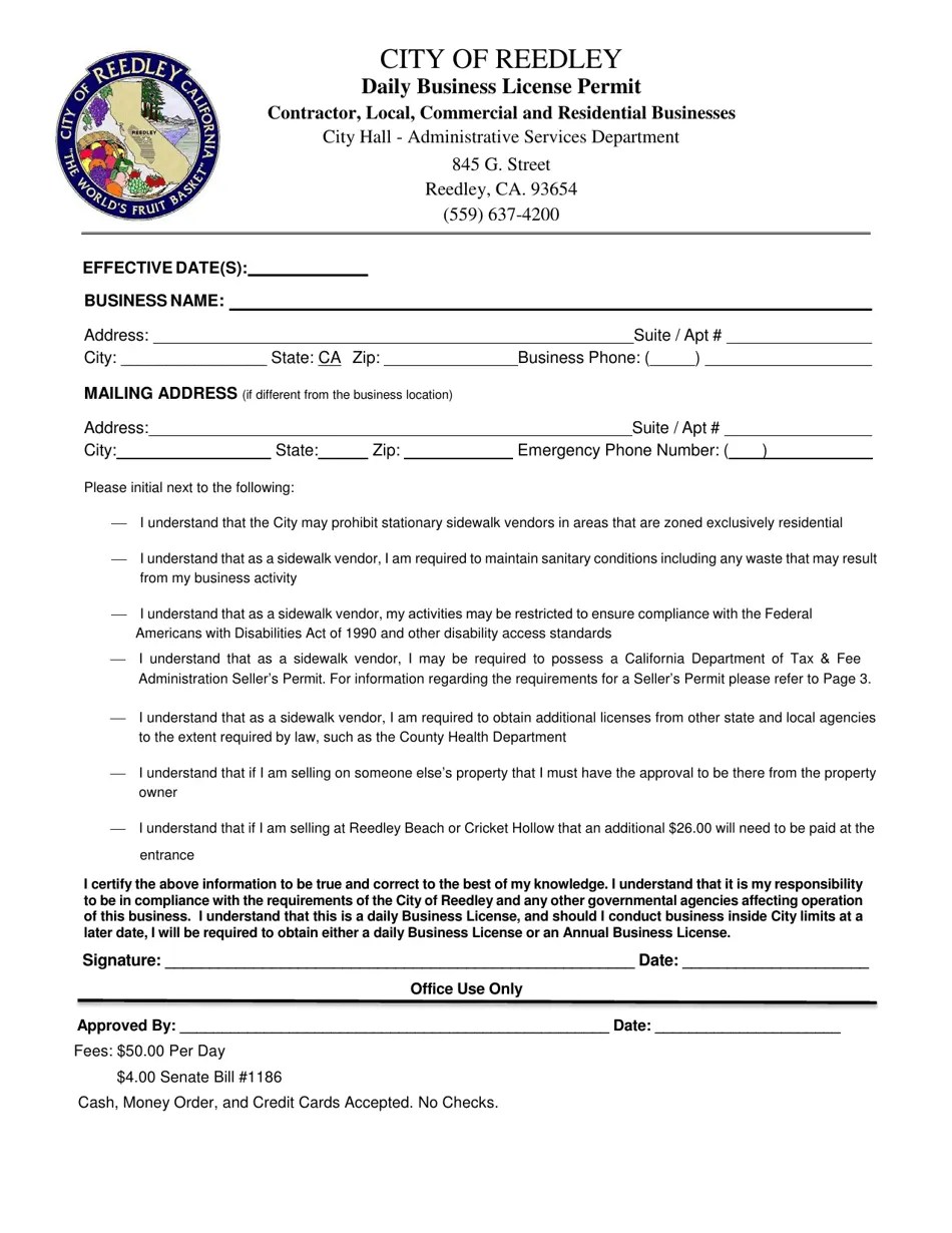 City of Reedley, California Daily Business License Permit Fill Out
