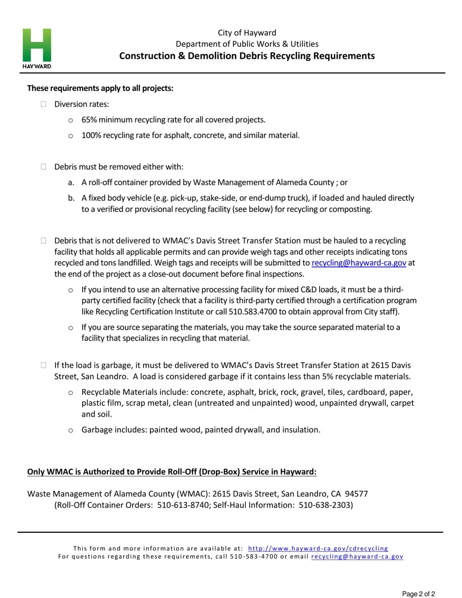 City of Hayward, California Construction & Demolition Debris Recycling