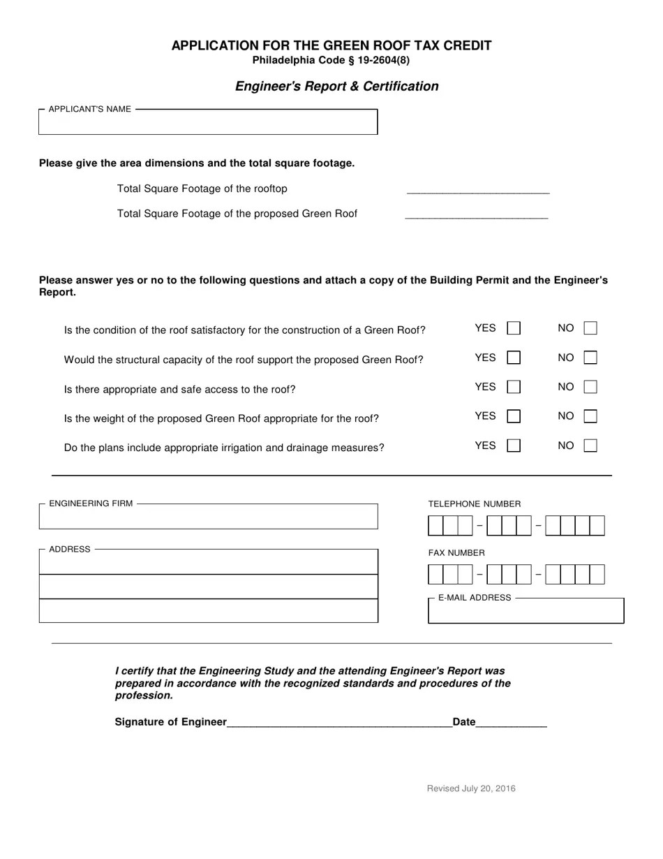 City of Philadelphia, Pennsylvania Application for the Green Roof Tax