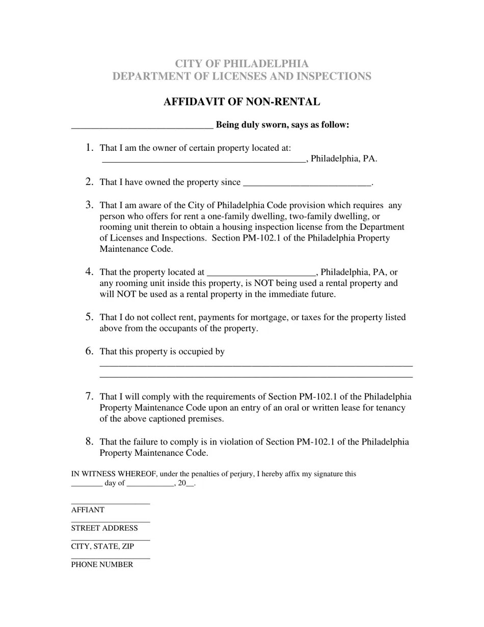 City of Philadelphia, Pennsylvania Affidavit of Nonrental Fill Out, Sign Online and Download