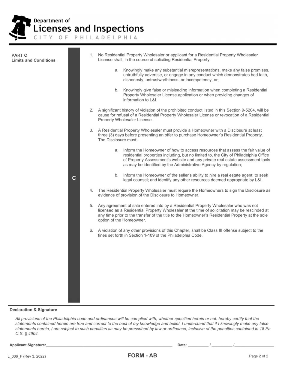 Form AB (L_006_F) Fill Out, Sign Online and Download Fillable PDF, City of Philadelphia