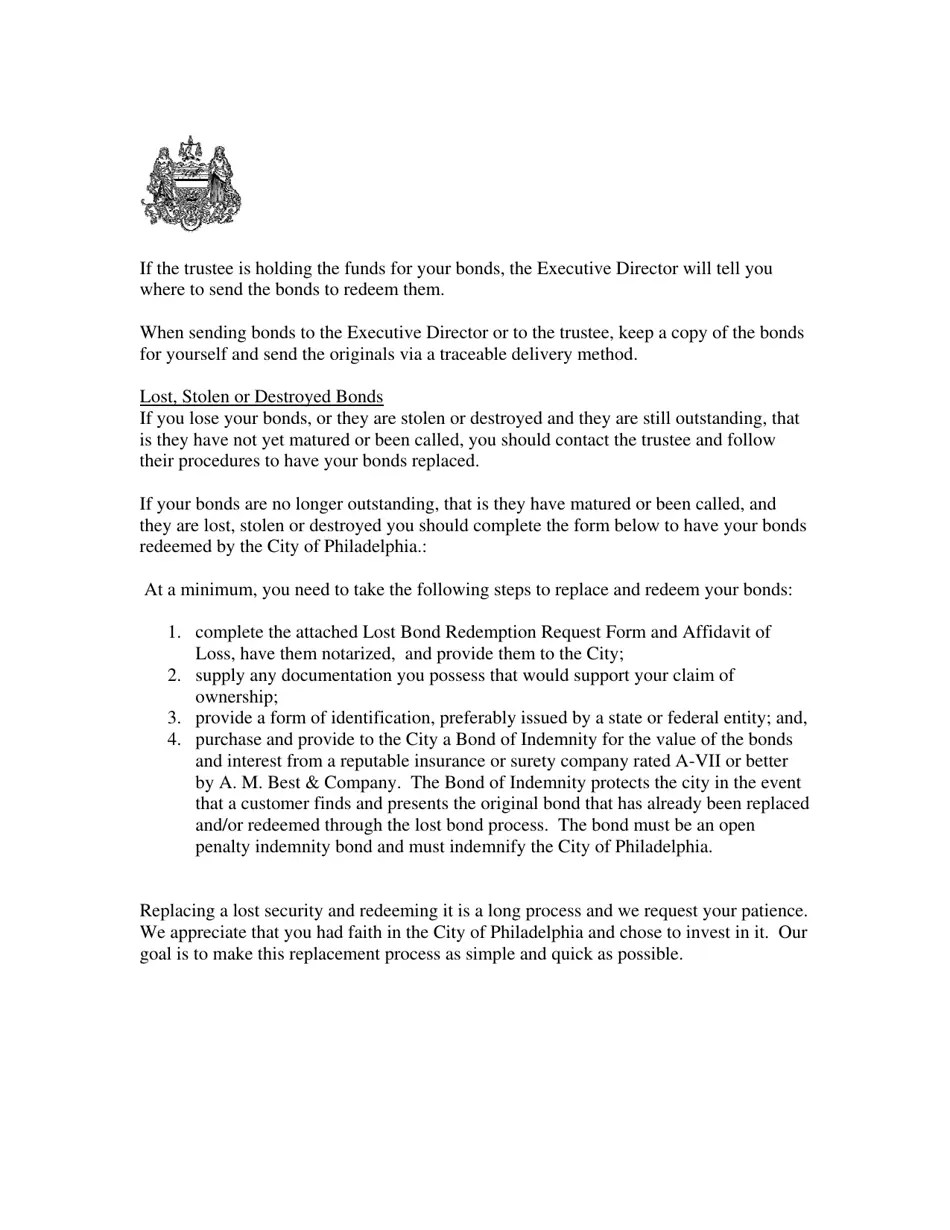 City of Philadelphia, Pennsylvania Lost Bond Redemption Request Form